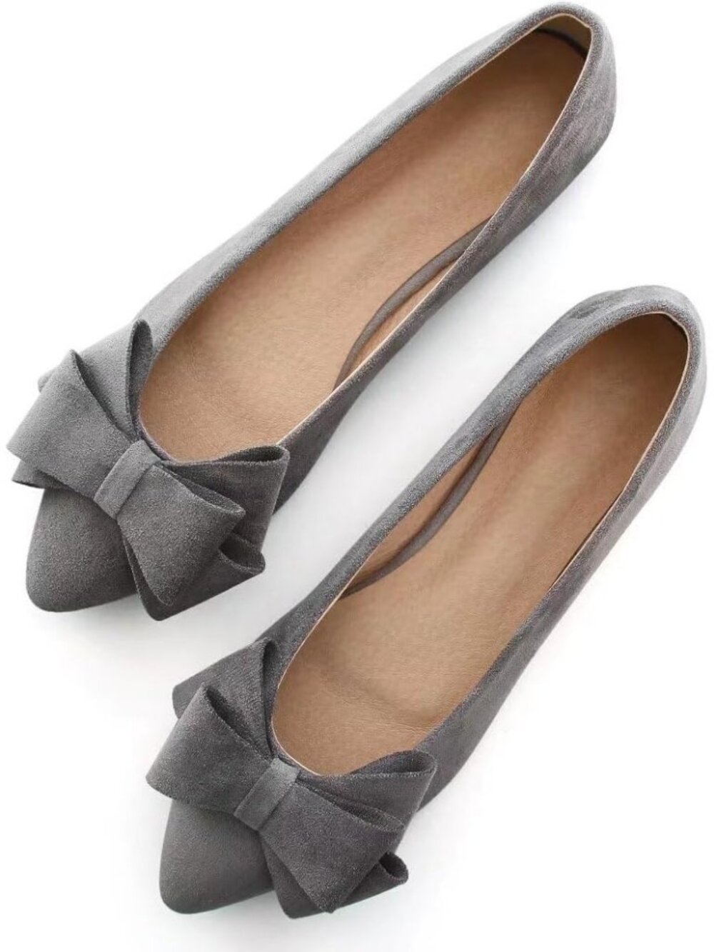 Women's Grey Suede Fashion Bowknot Flats Comfort Pointed Toe Casual Dressy Shoes